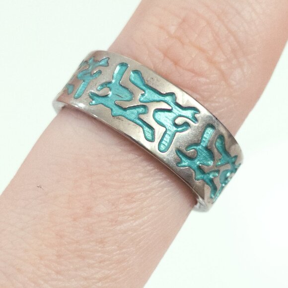 Vintage Sz 9 Silver Turquoise Enamel Ring 19mm Boho Festival Coastal Vacation - Picture 4 of 4